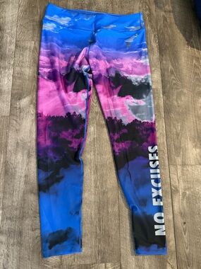 bcg Blue & Purple Cloud Print Track Leggings with "NO EXCUSES" Side Detail